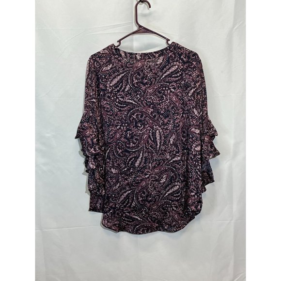 Vince Camuto Womens Size Large Purple Paisley Ruffled Bell Sleeve Popover Blouse - Picture 13 of 13